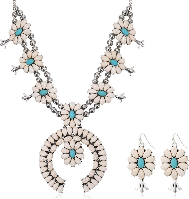 JMScape 4 PCS Western Turquoise Jewelry for Women Boho Vintage Navajo Pearl Necklace Earring Bracelet Ring Set Country Cowgirl Accessories for Gift - Image 1
